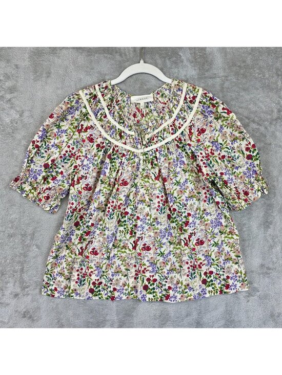 THE GREAT. Tops - THE GREAT. Blouse Womens 2 Multicolor Floral Henley Puff Sleeve Boho Top